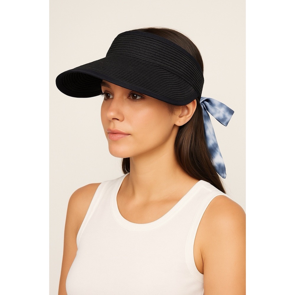 Steve Madden Womens Black Wide Brim Sun Visor Hat Tie Dye Bow Adjustable Chic